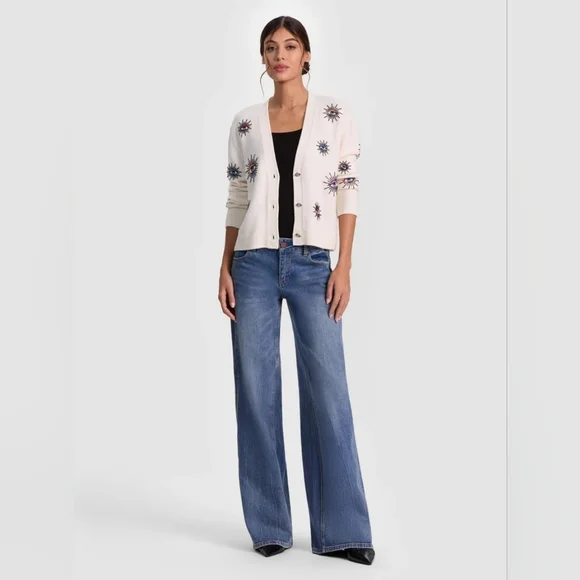 Alice + Olivia White Cardigan with Multicolor Embroidery BRADLEY SHORT EMBELLISH - Picture 2 of 11